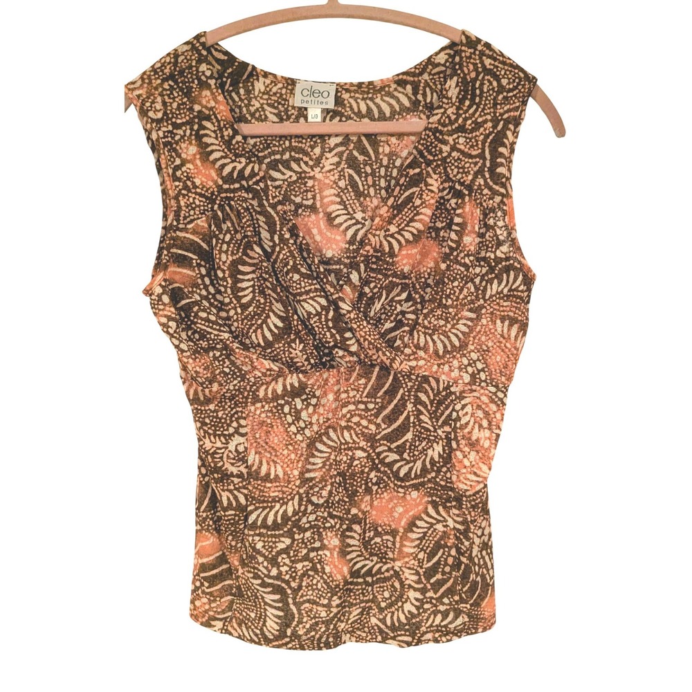 Cleo Petites Brown Pink Y2K Paisley Sleeveless V-Neck‎ Blouse Top Gauzy Boho